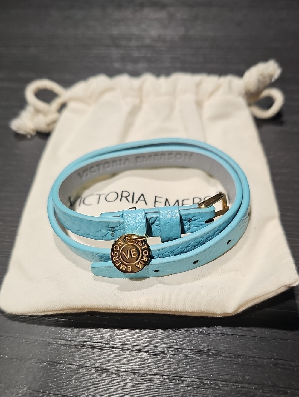Victoria Emerson Turquoise Double Wrap Leather Bracelet with Gold Charm